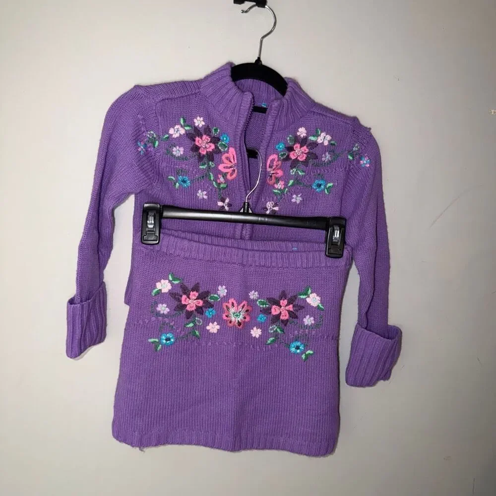purple floral embroidered mini skirt zip up jacket set vintage girls 6T 7T